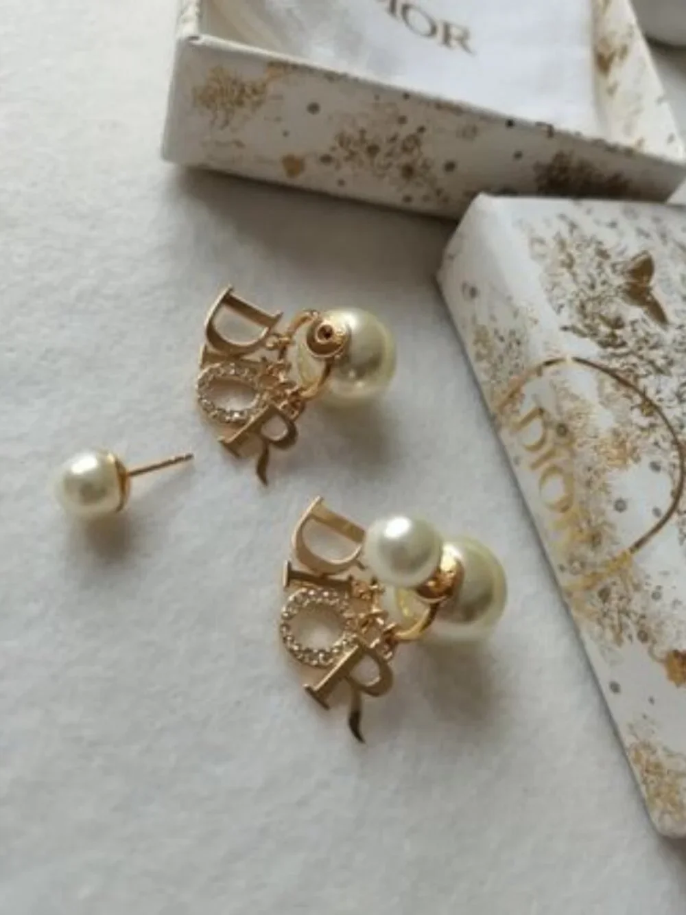 Dior Front Back Pearl Earrings Gold DIOR Letter Crystal Dangle Charms